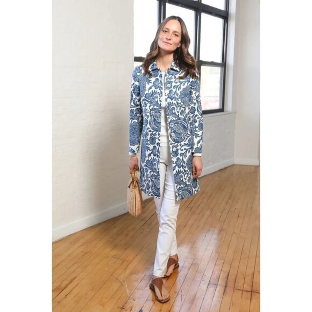 NEW J. McLaughlin Lined Collared Floral Button Down Longline Coat Blue Size: XS
